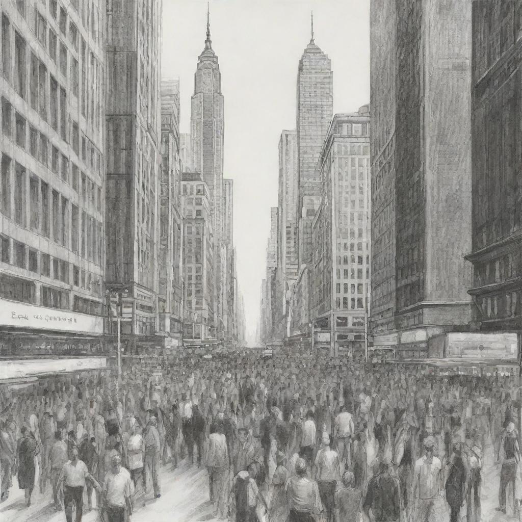 Black and white sketch of bustling city crowds with skyscrapers in the background