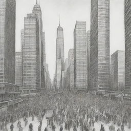 Black and white sketch of bustling city crowds with skyscrapers in the background