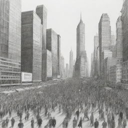 Black and white sketch of bustling city crowds with skyscrapers in the background