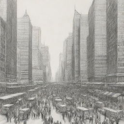 Black and white sketch of bustling city crowds with skyscrapers in the background