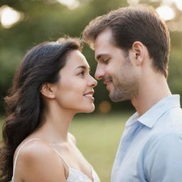 A loving couple passionately gazing into each other's eyes, embraced in a serene setting.