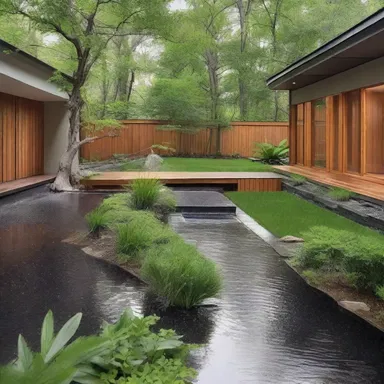 The heavy rainfall caused a washout in the backyard, creating a unique channel that the architect decided to incorporate into the design of the landscape.