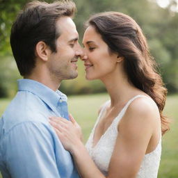 A loving couple passionately gazing into each other's eyes, embraced in a serene setting.