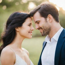 A loving couple passionately gazing into each other's eyes, embraced in a serene setting.