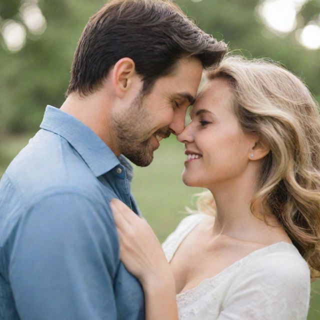 A loving couple passionately gazing into each other's eyes, embraced in a serene setting.