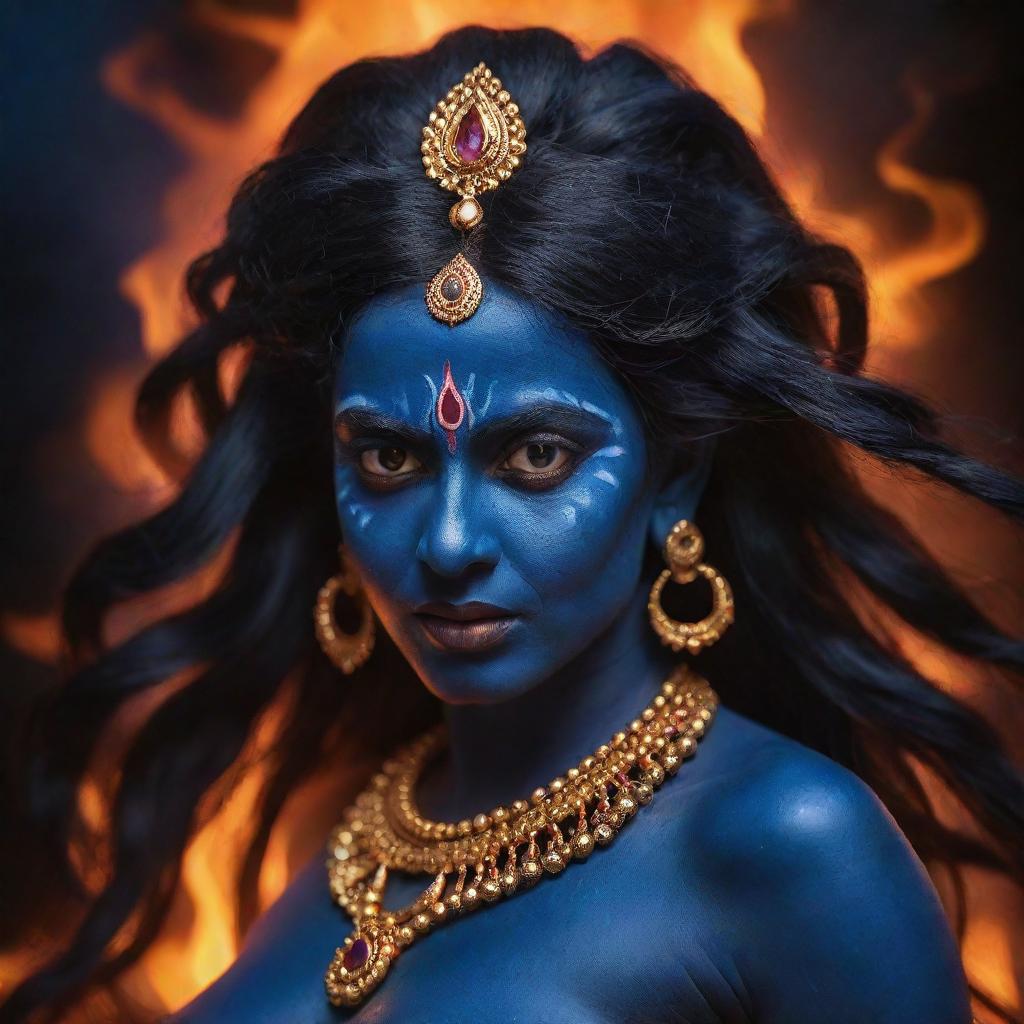 A gripping concept of a young Indian goddess Kali with her midnight blue skin contrasted by a blaze of fire in the background, blending her divine energy and youthful appearance in a dramatic, spiritually charged setting.