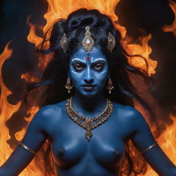 A gripping concept of a young Indian goddess Kali with her midnight blue skin contrasted by a blaze of fire in the background, blending her divine energy and youthful appearance in a dramatic, spiritually charged setting.