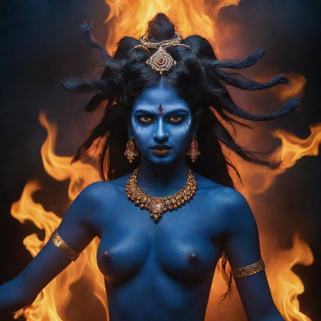 A gripping concept of a young Indian goddess Kali with her midnight blue skin contrasted by a blaze of fire in the background, blending her divine energy and youthful appearance in a dramatic, spiritually charged setting.