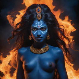 A gripping concept of a young Indian goddess Kali with her midnight blue skin contrasted by a blaze of fire in the background, blending her divine energy and youthful appearance in a dramatic, spiritually charged setting.