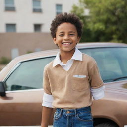 A young brown-skinned boy cheerfully standing next to a shiny, modern car.