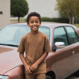 A young brown-skinned boy cheerfully standing next to a shiny, modern car.