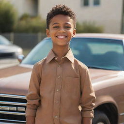 A young brown-skinned boy cheerfully standing next to a shiny, modern car.