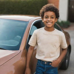 A young brown-skinned boy cheerfully standing next to a shiny, modern car.