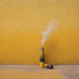 An abstract art piece with a used tear gas cartridge in a peaceful setting. Paint the scene in shades of yellow with a mosaic backdrop, reminiscent of a Gaspar Noé film title.