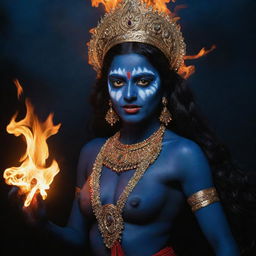 A dramatic portrayal of young Indian goddess Kali, featuring her striking midnight blue skin with a backdrop of blazing fire, symbolizing the divine female power and transformation, against the stark contrast of the night sky.