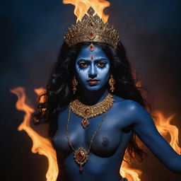 A dramatic portrayal of young Indian goddess Kali, featuring her striking midnight blue skin with a backdrop of blazing fire, symbolizing the divine female power and transformation, against the stark contrast of the night sky.