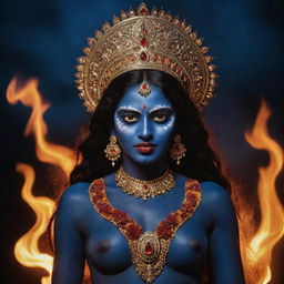 A dramatic portrayal of young Indian goddess Kali, featuring her striking midnight blue skin with a backdrop of blazing fire, symbolizing the divine female power and transformation, against the stark contrast of the night sky.