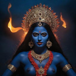 A dramatic portrayal of young Indian goddess Kali, featuring her striking midnight blue skin with a backdrop of blazing fire, symbolizing the divine female power and transformation, against the stark contrast of the night sky.