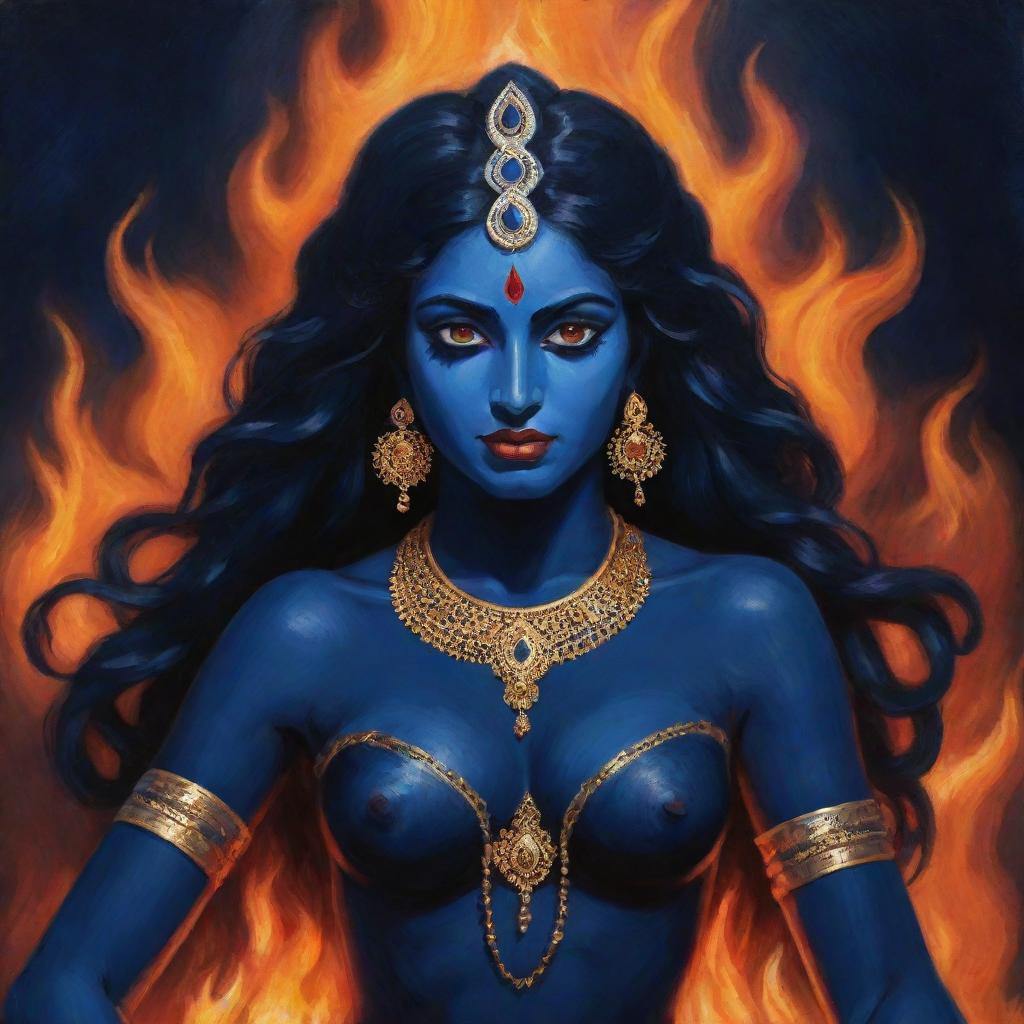 An impactful illustration of a young Indian goddess Kali with midnight blue skin set against a backdrop of roaring fire, weaving together themes of divine power, youthful innocence, and transformative energy.