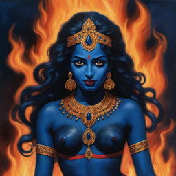 An impactful illustration of a young Indian goddess Kali with midnight blue skin set against a backdrop of roaring fire, weaving together themes of divine power, youthful innocence, and transformative energy.