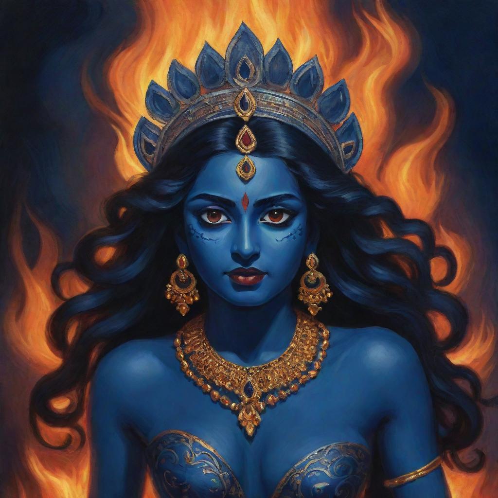 An impactful illustration of a young Indian goddess Kali with midnight blue skin set against a backdrop of roaring fire, weaving together themes of divine power, youthful innocence, and transformative energy.