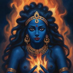 An impactful illustration of a young Indian goddess Kali with midnight blue skin set against a backdrop of roaring fire, weaving together themes of divine power, youthful innocence, and transformative energy.