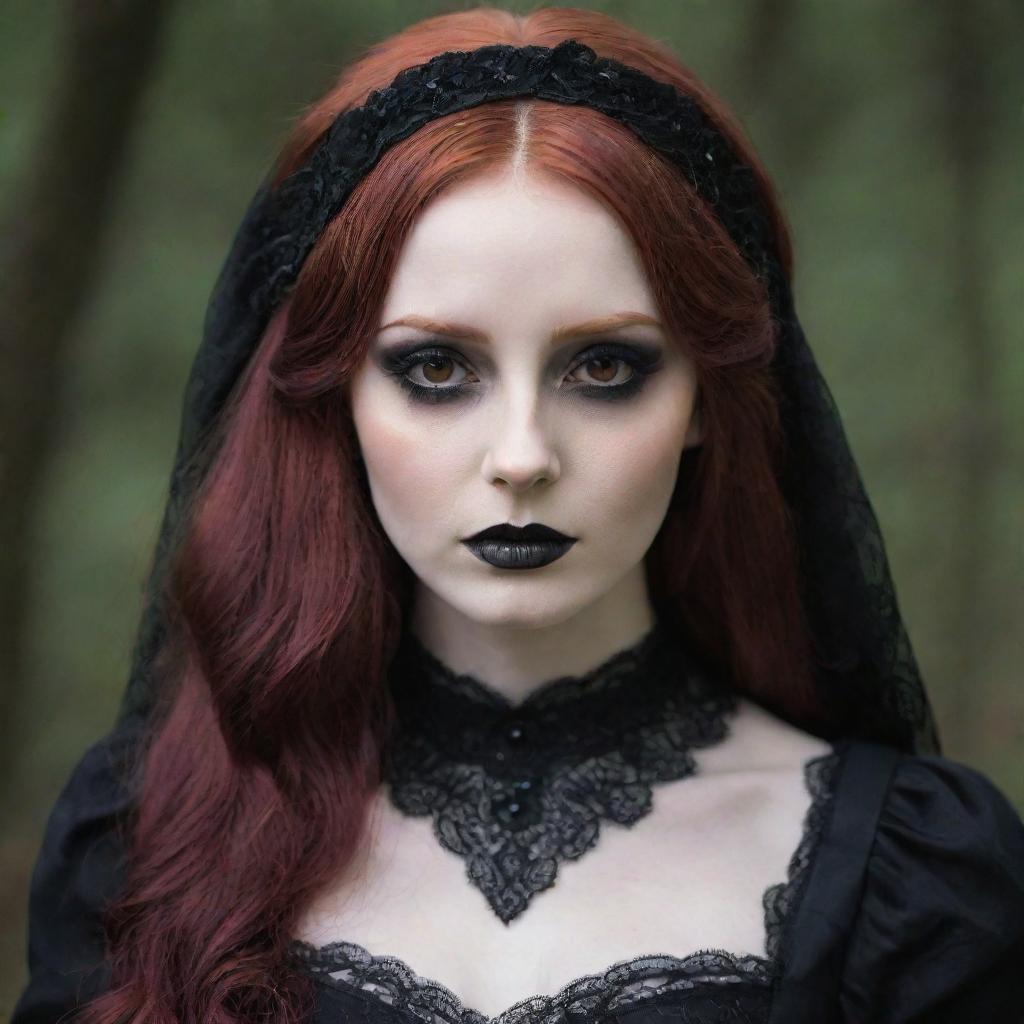 A pale-skinned girl with red hair, brown eyes, long eyelashes, and dark gothic makeup. She is wearing a gothic dress, conveying an aura of melancholy.