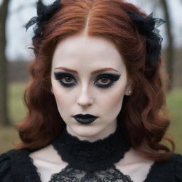 A pale-skinned girl with red hair, brown eyes, long eyelashes, and dark gothic makeup. She is wearing a gothic dress, conveying an aura of melancholy.