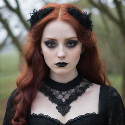 A pale-skinned girl with red hair, brown eyes, long eyelashes, and dark gothic makeup. She is wearing a gothic dress, conveying an aura of melancholy.