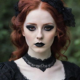 A pale-skinned girl with red hair, brown eyes, long eyelashes, and dark gothic makeup. She is wearing a gothic dress, conveying an aura of melancholy.