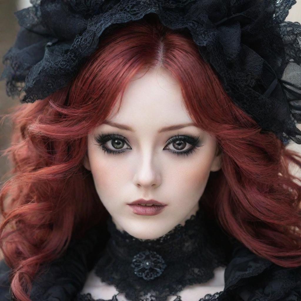 Anime girl with vibrant red hair and brown eyes. She has a pale complexion and is wearing heavy, dark makeup. Her long, voluminous eyelashes enhance her melancholic expression. She is dressed in intricate gothic attire.