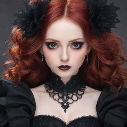 Anime girl with vibrant red hair and brown eyes. She has a pale complexion and is wearing heavy, dark makeup. Her long, voluminous eyelashes enhance her melancholic expression. She is dressed in intricate gothic attire.