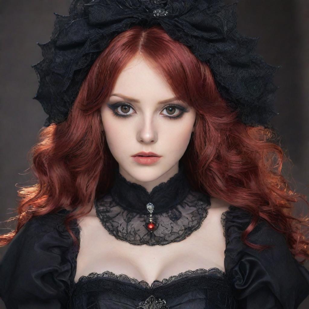 Anime girl with vibrant red hair and brown eyes. She has a pale complexion and is wearing heavy, dark makeup. Her long, voluminous eyelashes enhance her melancholic expression. She is dressed in intricate gothic attire.