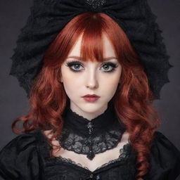 Anime girl with vibrant red hair and brown eyes. She has a pale complexion and is wearing heavy, dark makeup. Her long, voluminous eyelashes enhance her melancholic expression. She is dressed in intricate gothic attire.