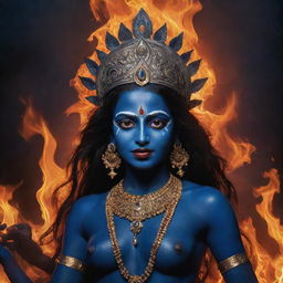 A vivid depiction of the young Indian goddess Kali with midnight blue skin, radiating divine power against a backdrop illuminated by a crackling fire, reflecting the transformative nature of her character.