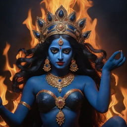 A vivid depiction of the young Indian goddess Kali with midnight blue skin, radiating divine power against a backdrop illuminated by a crackling fire, reflecting the transformative nature of her character.