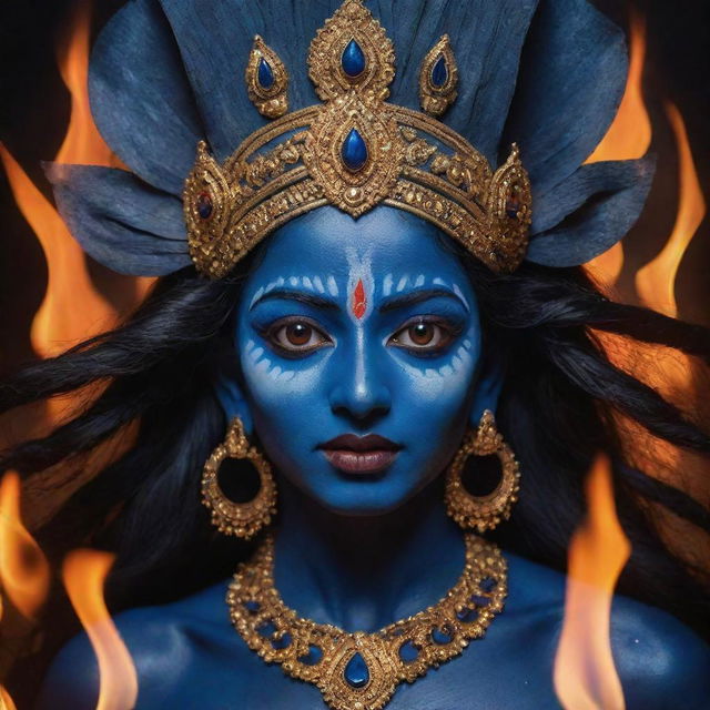 A vivid depiction of the young Indian goddess Kali with midnight blue skin, radiating divine power against a backdrop illuminated by a crackling fire, reflecting the transformative nature of her character.