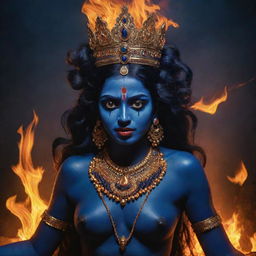 A vivid depiction of the young Indian goddess Kali with midnight blue skin, radiating divine power against a backdrop illuminated by a crackling fire, reflecting the transformative nature of her character.