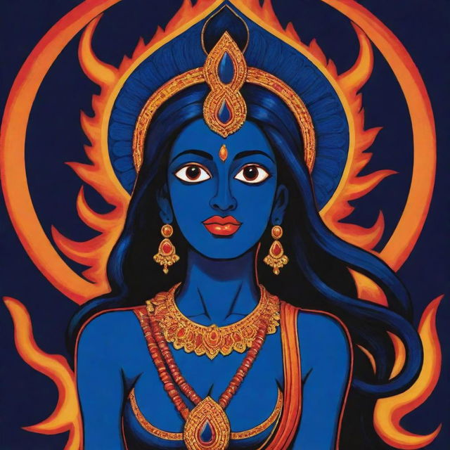 A stylized comic strip depiction of a young Indian goddess Kali in midnight blue, contrasting with a vivid backdrop of fire, emphasizing her divine power in lively, bold colors and dynamic lines, infused with youthful energy. 