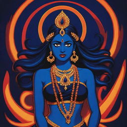 A stylized comic strip depiction of a young Indian goddess Kali in midnight blue, contrasting with a vivid backdrop of fire, emphasizing her divine power in lively, bold colors and dynamic lines, infused with youthful energy. 