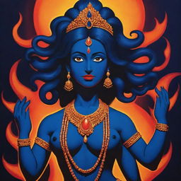 A stylized comic strip depiction of a young Indian goddess Kali in midnight blue, contrasting with a vivid backdrop of fire, emphasizing her divine power in lively, bold colors and dynamic lines, infused with youthful energy. 