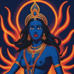 A stylized comic strip depiction of a young Indian goddess Kali in midnight blue, contrasting with a vivid backdrop of fire, emphasizing her divine power in lively, bold colors and dynamic lines, infused with youthful energy. 