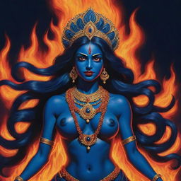 An energetic comic-style rendering of a young Indian goddess Kali with midnight blue skin, set against the dynamic visual of fire at the back, bringing youthful charm and divine power to life through distinctive linework and vibrant colors.