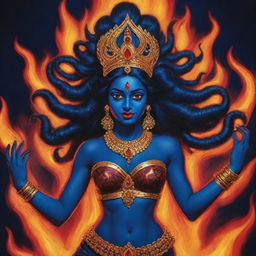 An energetic comic-style rendering of a young Indian goddess Kali with midnight blue skin, set against the dynamic visual of fire at the back, bringing youthful charm and divine power to life through distinctive linework and vibrant colors.