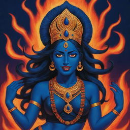 An energetic comic-style rendering of a young Indian goddess Kali with midnight blue skin, set against the dynamic visual of fire at the back, bringing youthful charm and divine power to life through distinctive linework and vibrant colors.