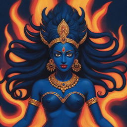 An energetic comic-style rendering of a young Indian goddess Kali with midnight blue skin, set against the dynamic visual of fire at the back, bringing youthful charm and divine power to life through distinctive linework and vibrant colors.