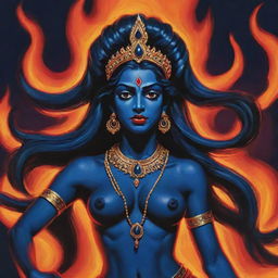 A comic-style representation of young Indian goddess Kali with unique midnight blue skin, standing powerfully against a backdrop of raging fire, showcasing her divine aura through bold lines, exaggerated expressions, and vibrant colors of comic art.