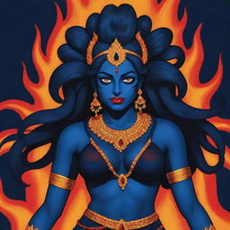 A comic-style representation of young Indian goddess Kali with unique midnight blue skin, standing powerfully against a backdrop of raging fire, showcasing her divine aura through bold lines, exaggerated expressions, and vibrant colors of comic art.