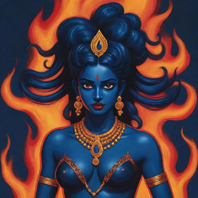 A comic-style representation of young Indian goddess Kali with unique midnight blue skin, standing powerfully against a backdrop of raging fire, showcasing her divine aura through bold lines, exaggerated expressions, and vibrant colors of comic art.