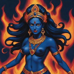 A comic-style representation of young Indian goddess Kali with unique midnight blue skin, standing powerfully against a backdrop of raging fire, showcasing her divine aura through bold lines, exaggerated expressions, and vibrant colors of comic art.